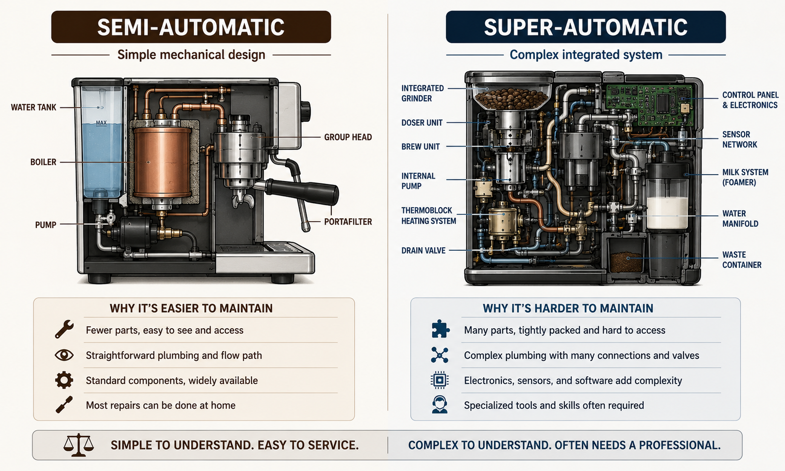 Cutaway diagram comparing the simple mechanical design of a semi-automatic espresso machine to the complex integrated system inside a super-automatic machine