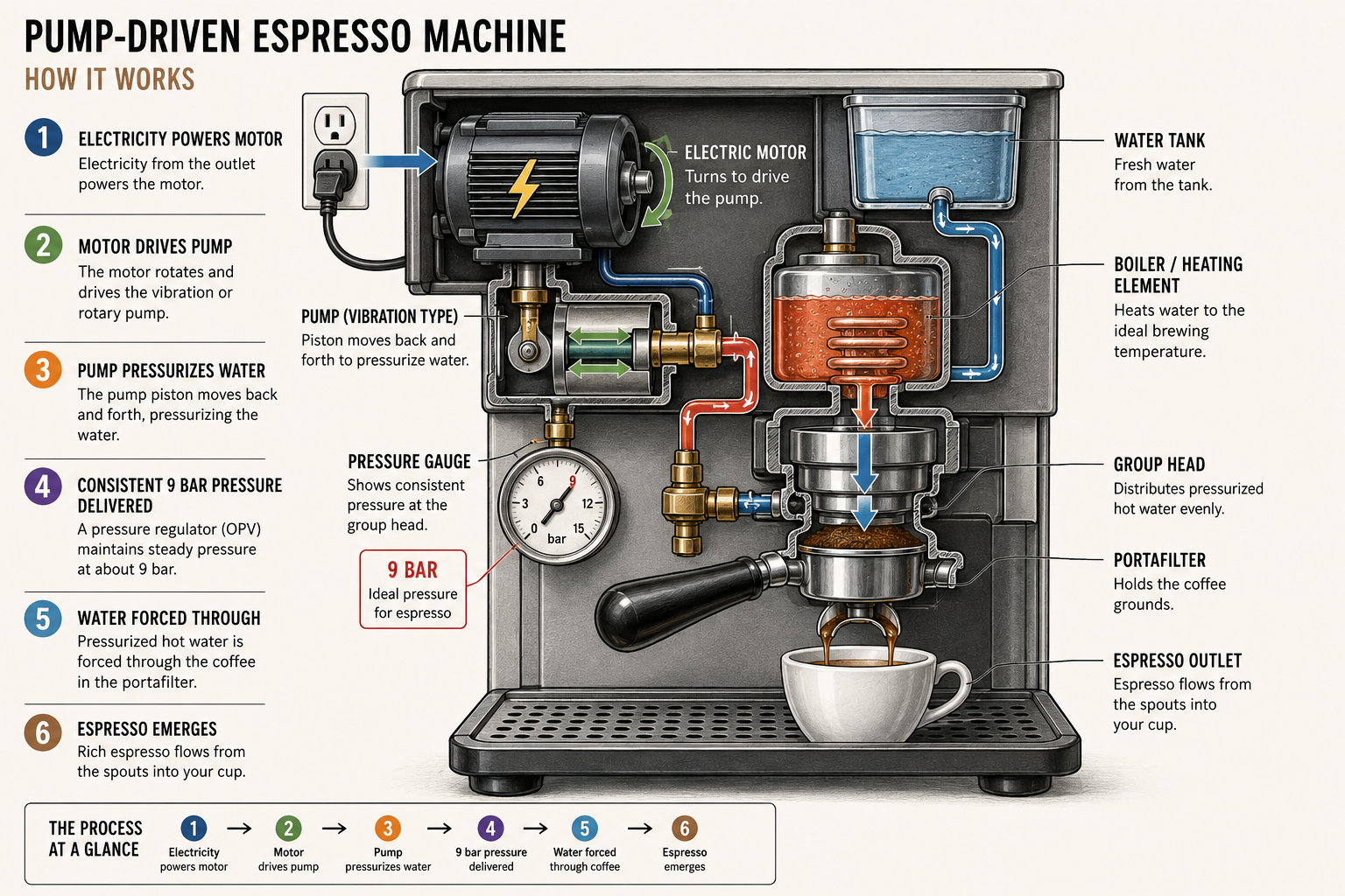 Diagram answering what is espresso mechanically: a pump-driven machine builds 9 bar of pressure to force hot water through coffee grounds