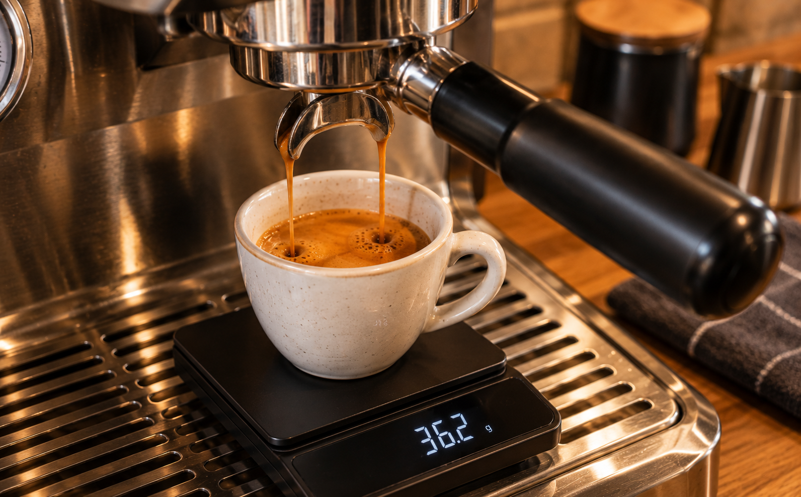 A double espresso shot pouring from a portafilter into a cup on a digital scale reading 36.2 grams, illustrating how to dial in espresso by measuring yield directly