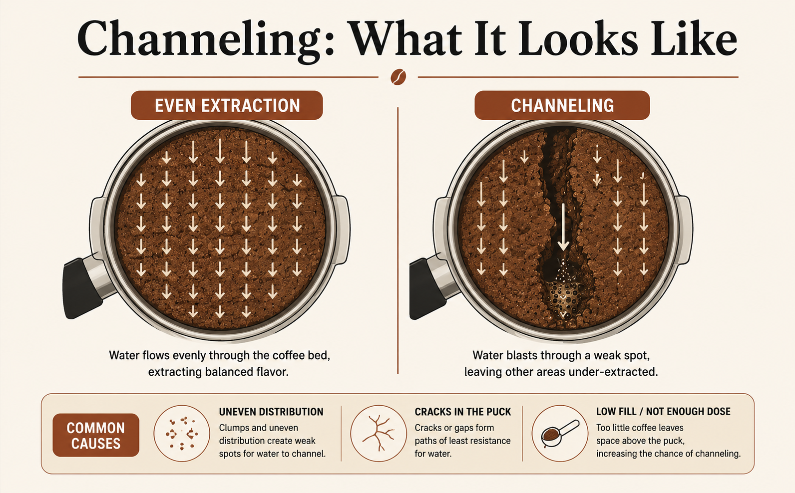 Diagram comparing even espresso extraction versus espresso channeling, showing a top down view of an espresso puck with evenly spaced arrows for even extraction next to a puck with a visible crack where water blasted through causing channeling, with common causes listed below: uneven distribution, cracks in the puck, and low fill or not enough dose