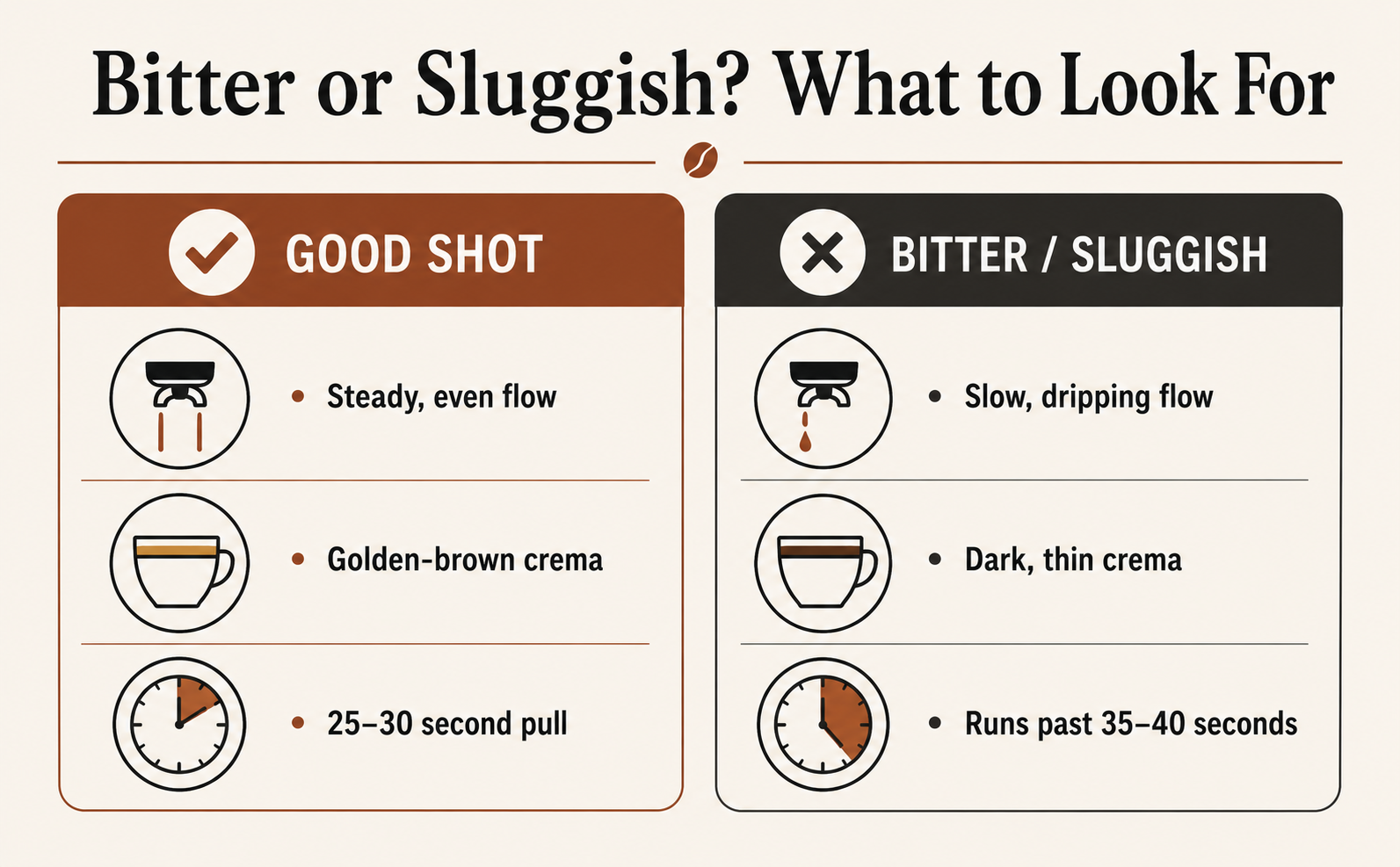 Comparison infographic of a good espresso shot versus bitter espresso shots, showing steady even flow and golden brown crema with a 25 to 30 second pull time for good shots, versus slow dripping flow and dark thin crema running past 35 to 40 seconds for bitter sluggish shots