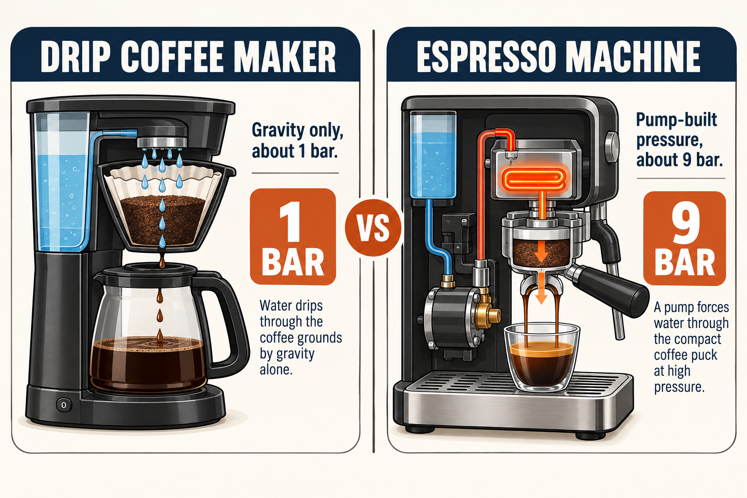 Comparison diagram answering how does an espresso machine work versus a drip coffee maker, gravity at about 1 bar versus pump-built pressure at about 9 bar
