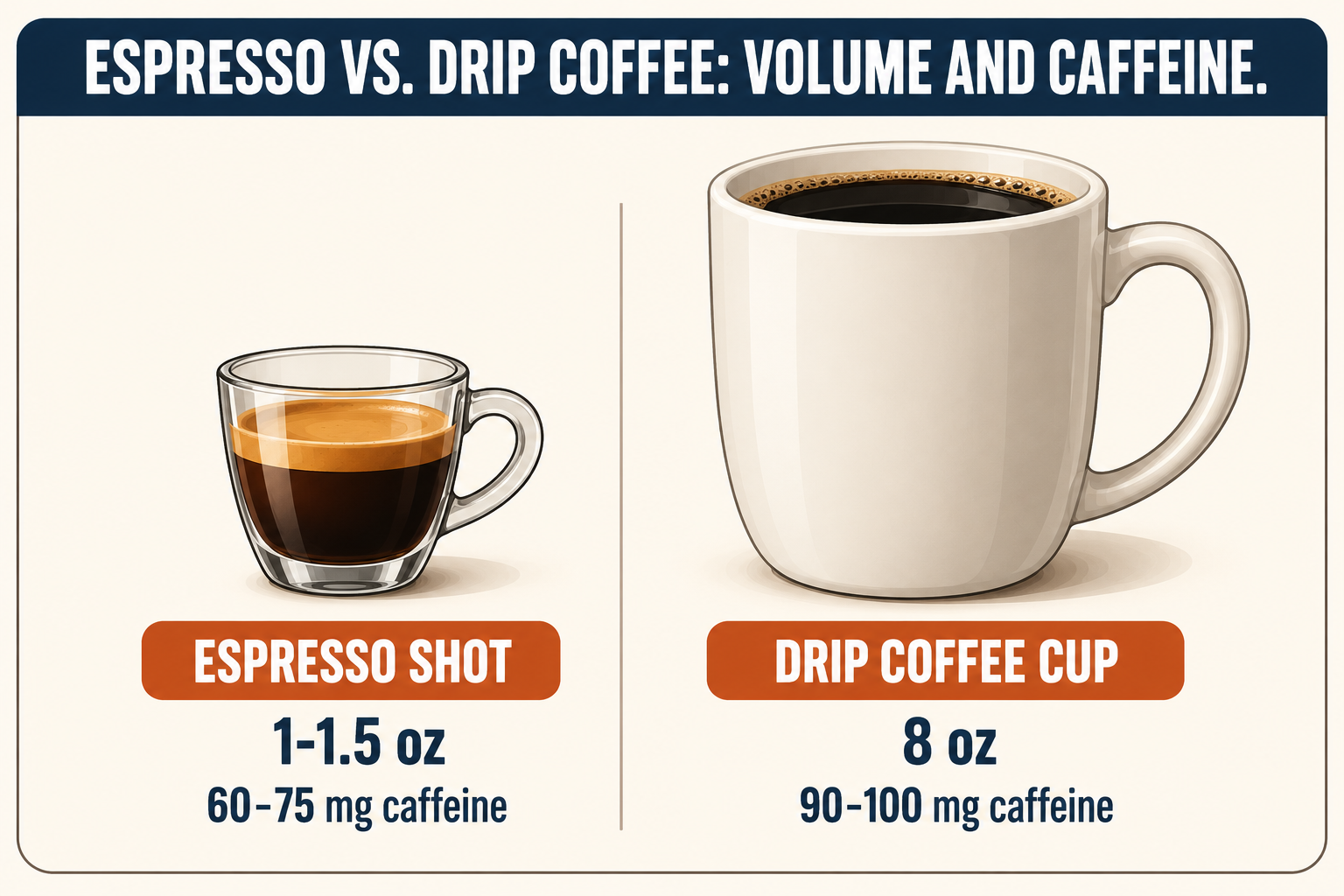 Comparison chart of an espresso shot (1-1.5 oz, 60-75mg caffeine) versus a drip coffee cup (8 oz, 90-100mg caffeine)