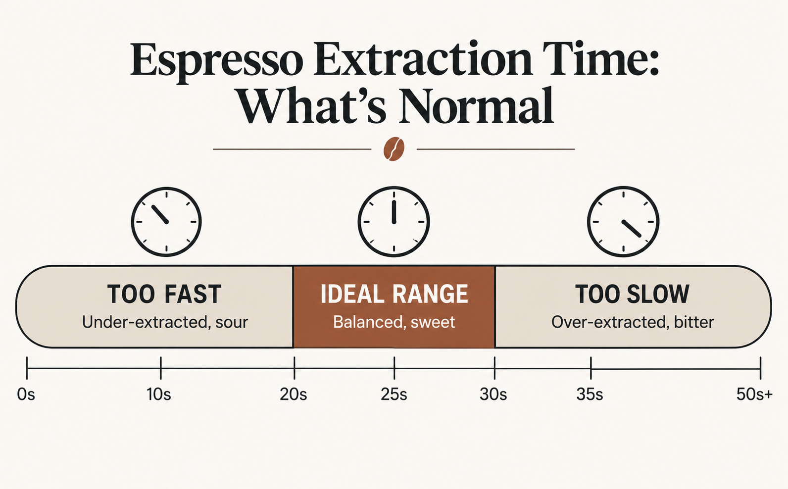 Horizontal timeline diagram of espresso extraction time showing too fast under-extracted sour from 0 to 20 seconds, ideal range balanced sweet from 25 to 30 seconds highlighted in rust orange, and too slow over-extracted bitter at 35 seconds and beyond