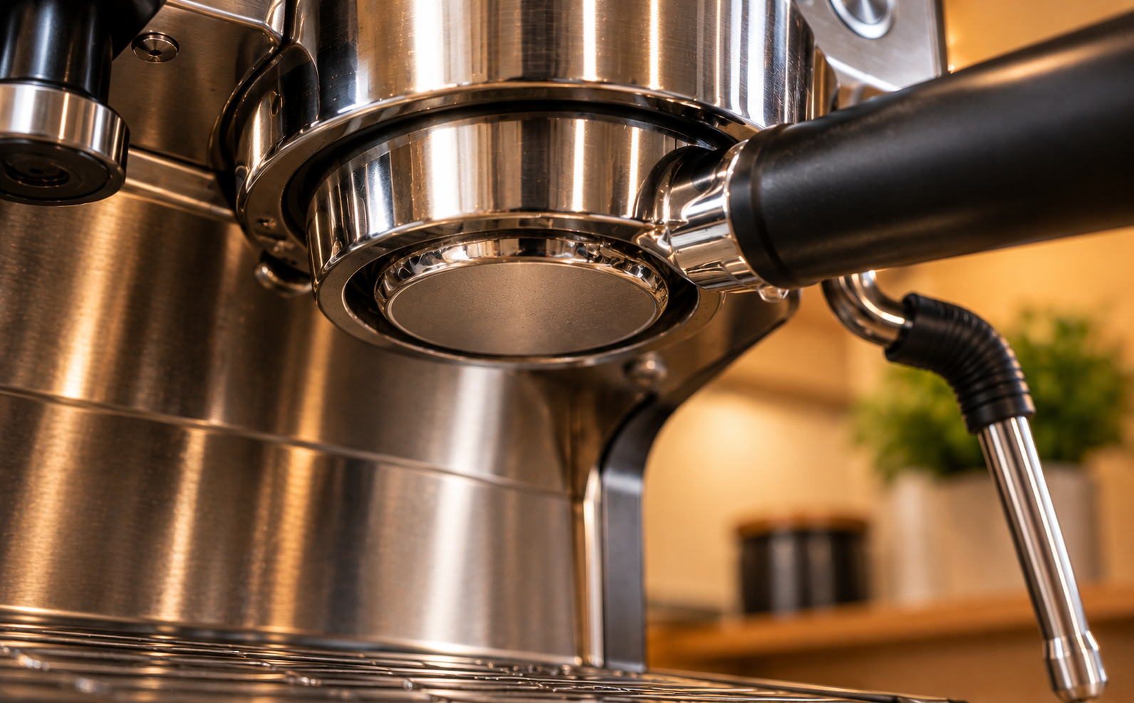 Close up of an espresso machine portafilter with a blind filter basket locked into the group head, dry and ready for backflushing with no visible water since the flush happens internally through the machines valve