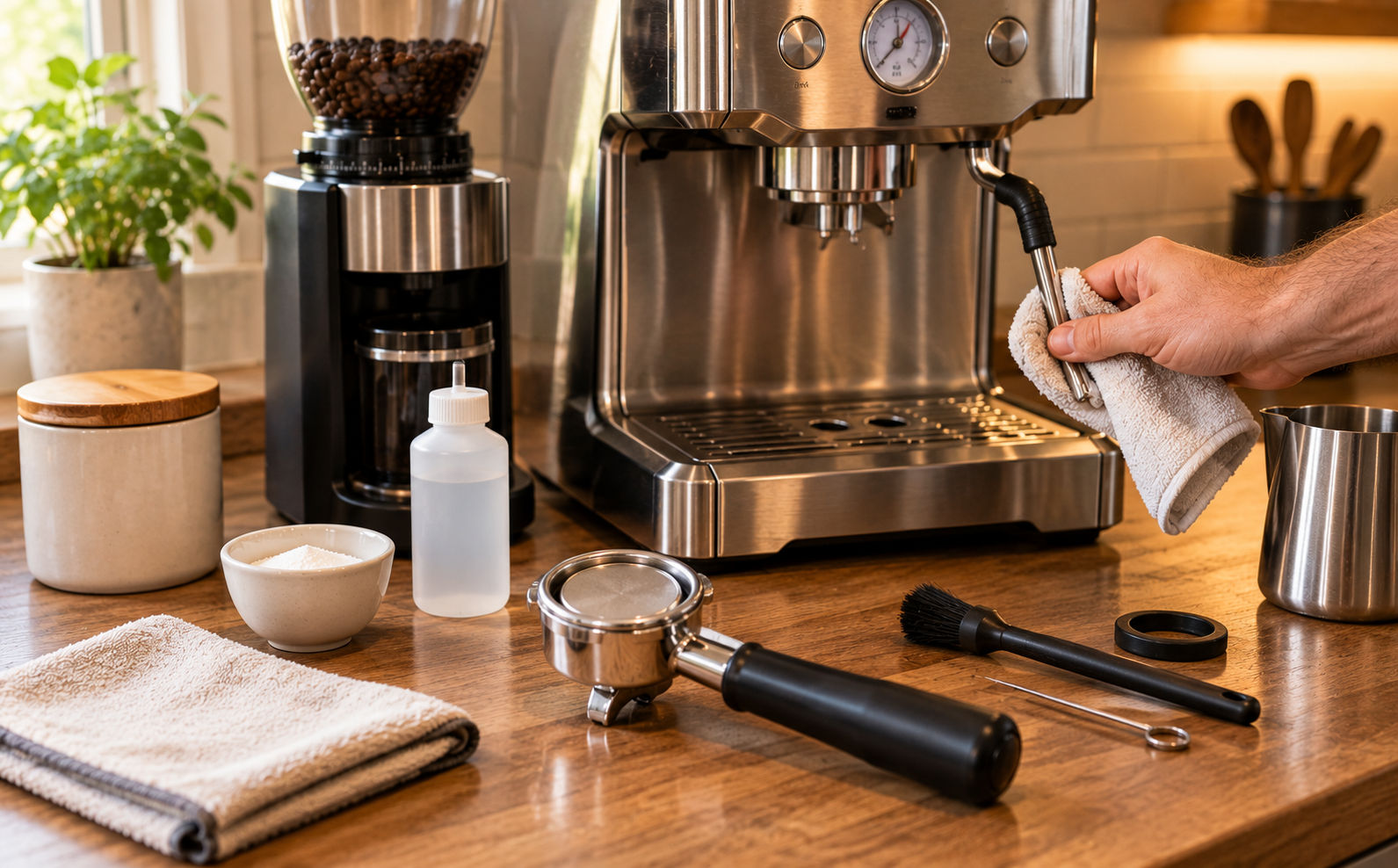 Kitchen counter set up for espresso machine maintenance, with cleaning tools and brushes laid out and a hand wiping down the steam wand with a cloth