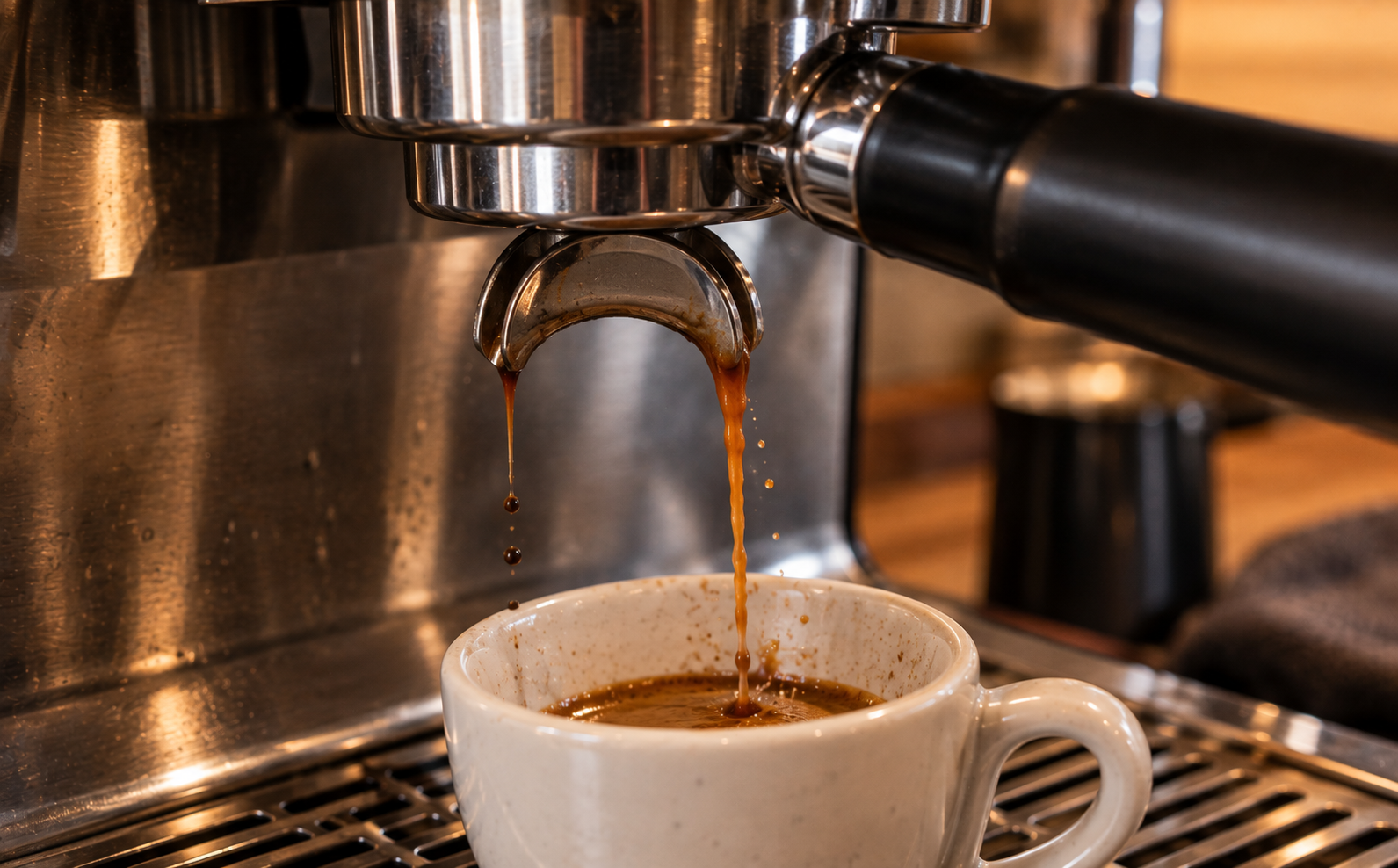 Espresso pouring unevenly from a double spout portafilter, one side flowing as a strong steady stream while the other side barely drips, a visual sign of channeling