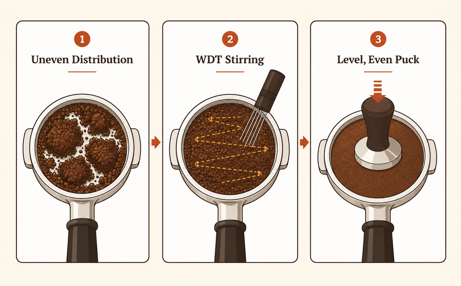 Three-step diagram of espresso tamping and distribution, showing uneven coffee grounds, a WDT tool stirring the grounds evenly, and a level tamped puck in a portafilter basket