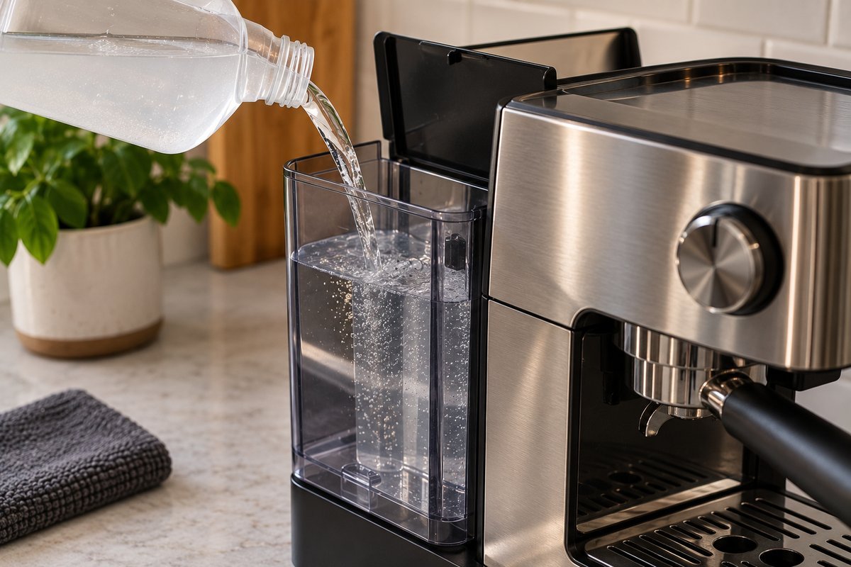 Pouring descaling solution into an espresso machine water reservoir