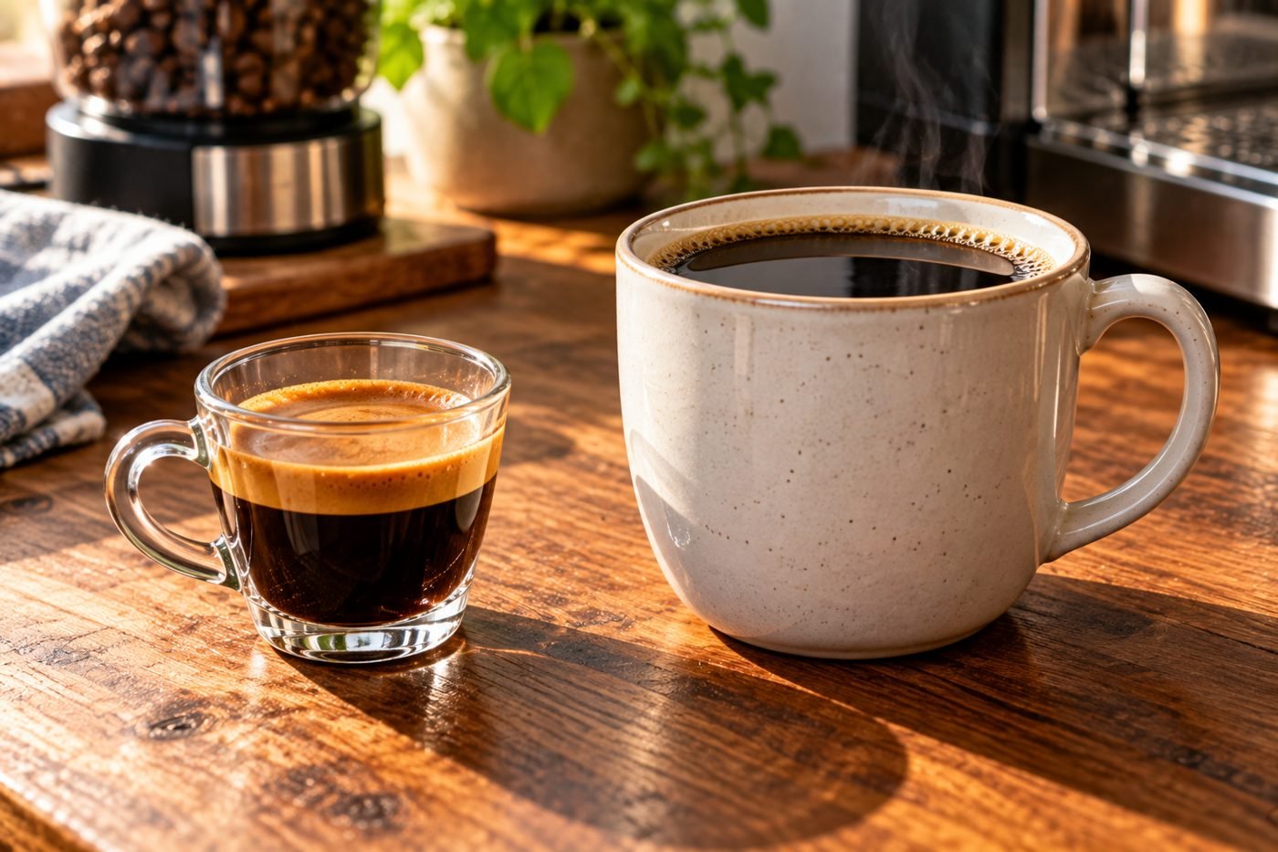 Single espresso shot in a glass cup next to a full mug of drip coffee, comparing serving sizes