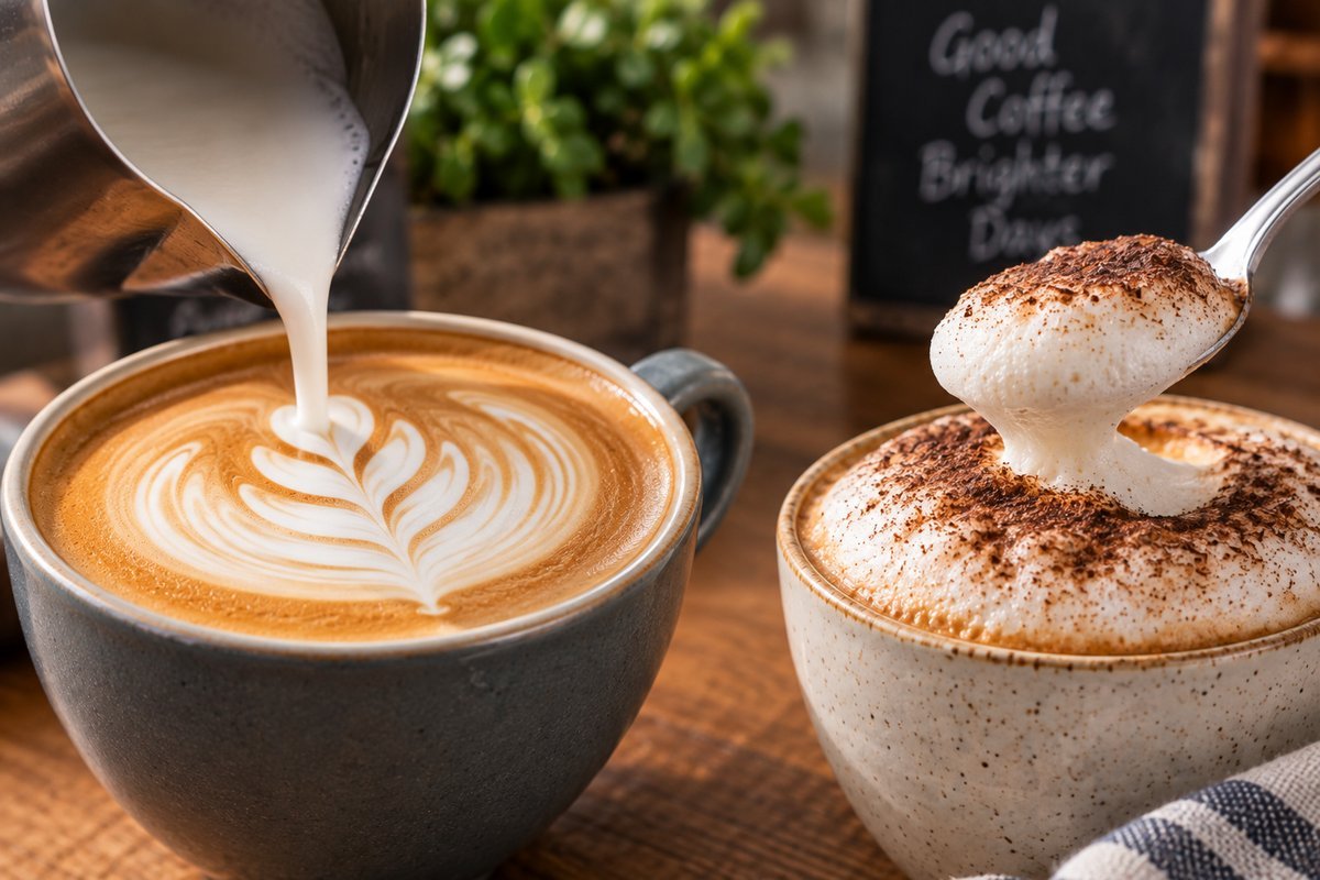 Barista pouring latte art microfoam into a flat white next to a spoon lifting thick foam from a cappuccino, showing the flat white vs cappuccino milk texture difference
