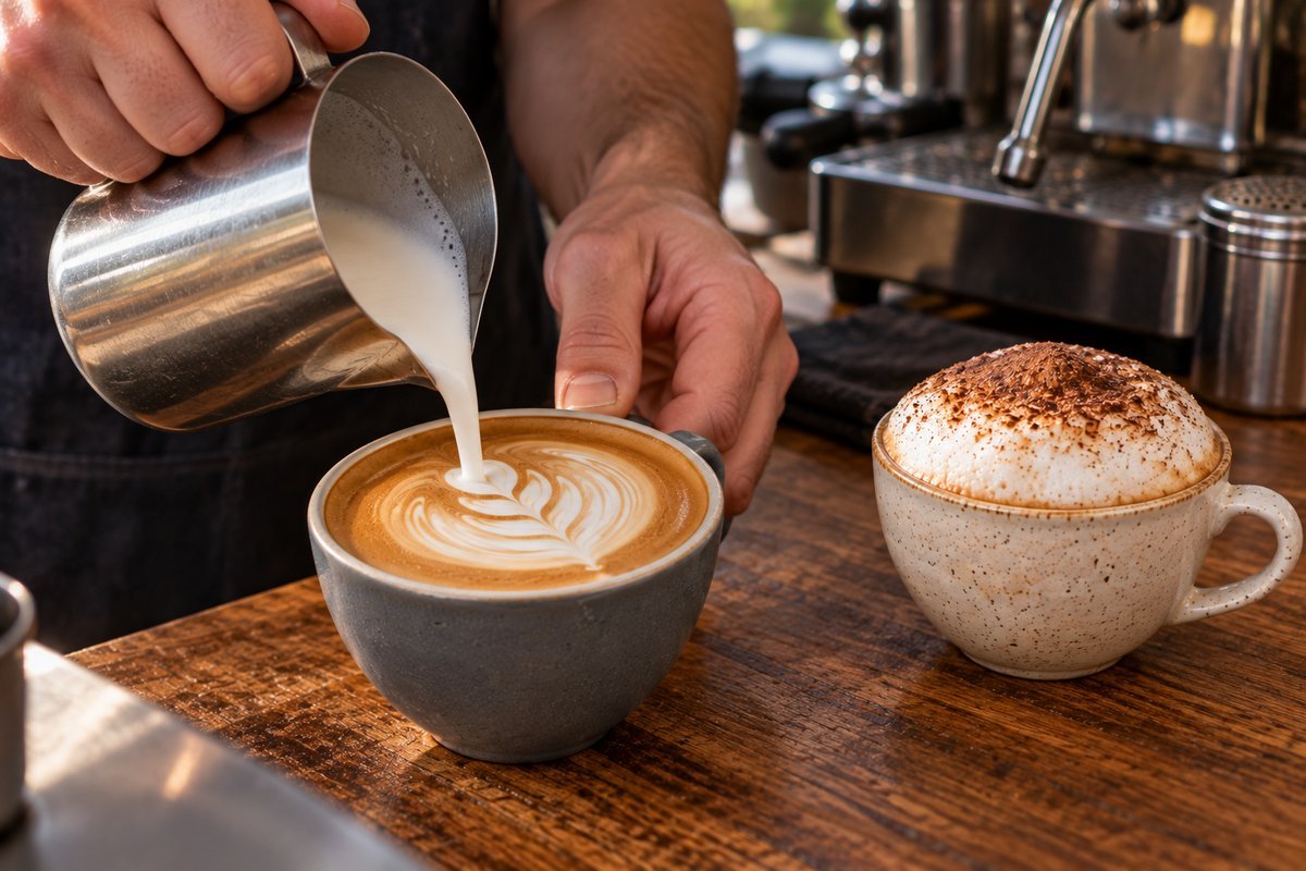 Barista pouring steamed milk into a flat white next to a finished cappuccino with a thick foam cap dusted with cocoa