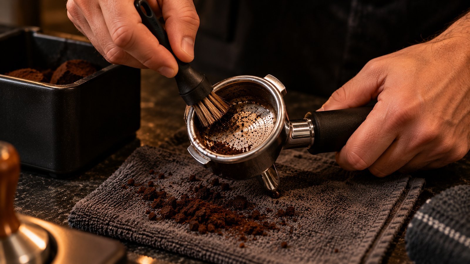 Barista hands cleaning a portafilter basket with a brush during espresso machine maintenance
