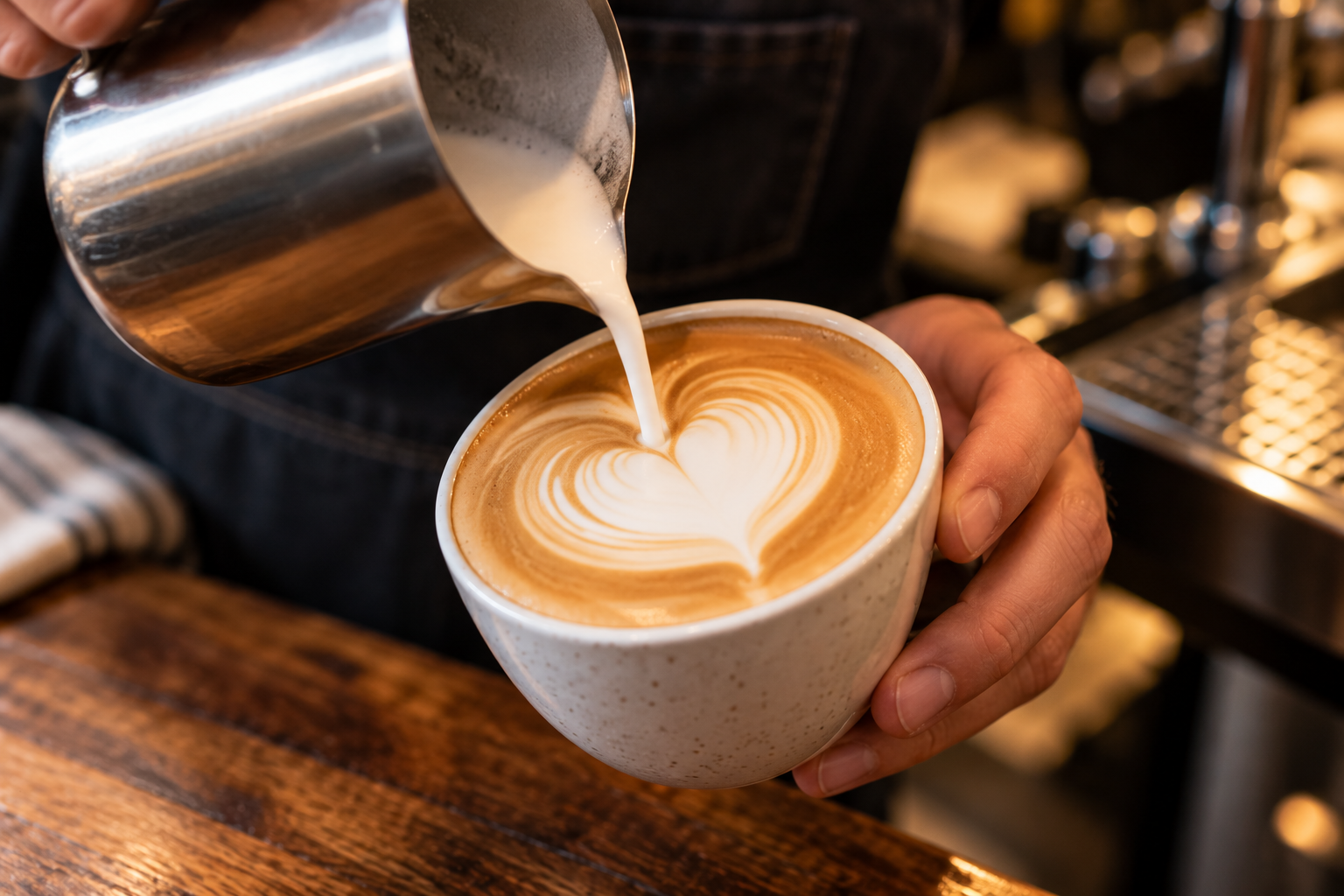 Barista pouring steamed milk to create latte art, the thin microfoam layer typical of a latte compared to a cappuccino