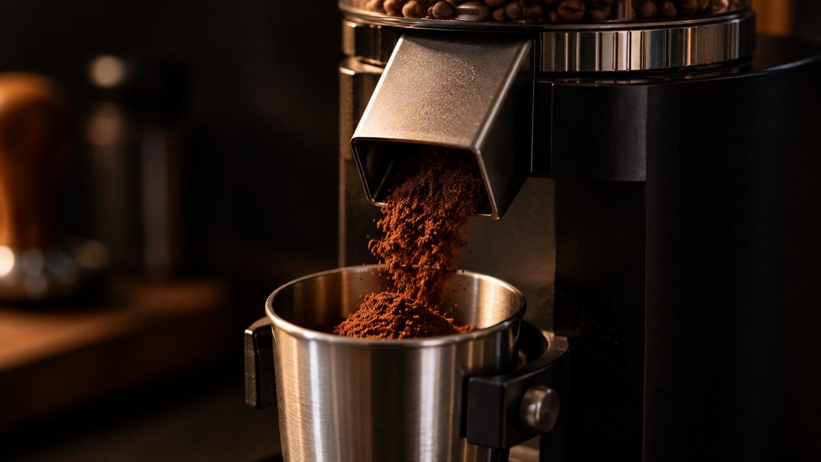 Freshly ground espresso coffee pouring from a grinder chute into a metal dosing cup