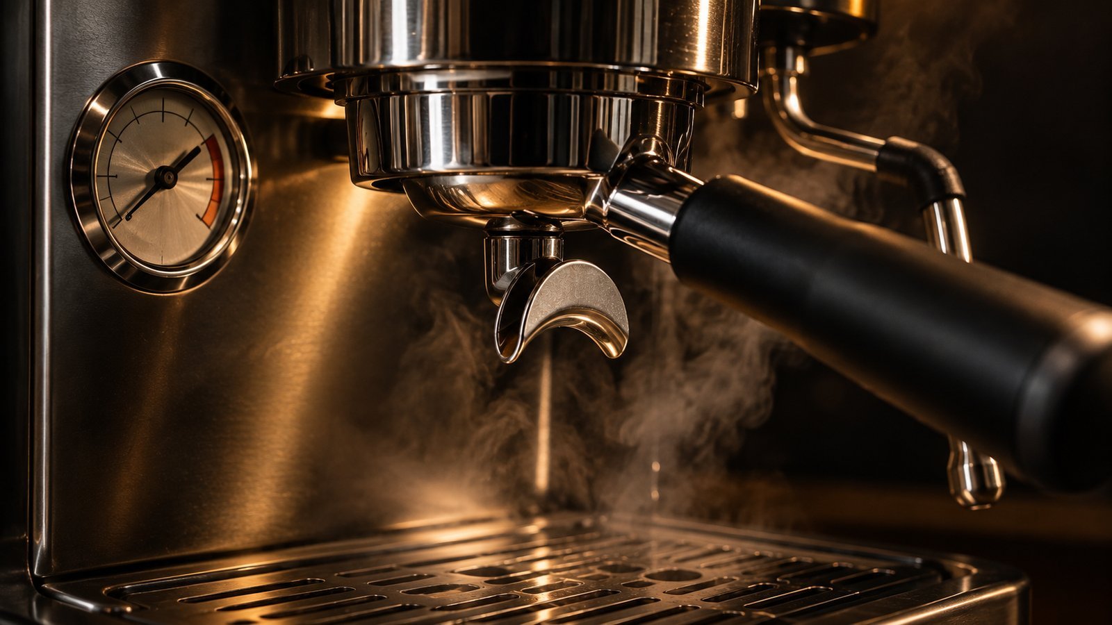 Close-up of an espresso machine pressure gauge and portafilter with steam, showing machine components