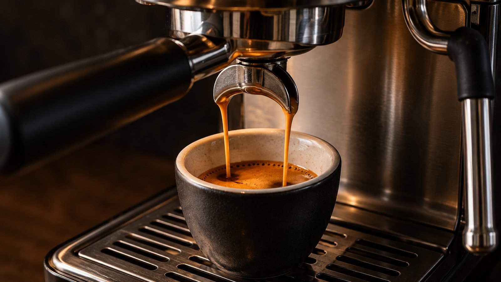 Espresso pouring from a portafilter into a cup with visible crema, a beginner essentials shot