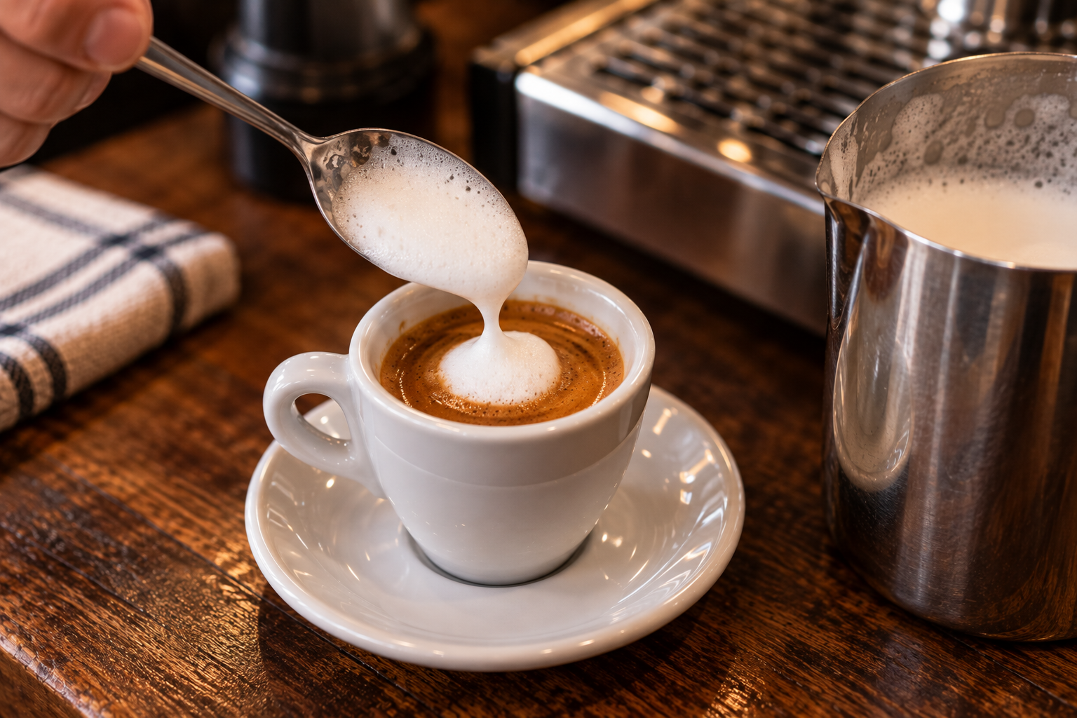 Barista spooning a small dollop of foamed milk onto a shot of espresso, the traditional way a macchiato is marked with milk