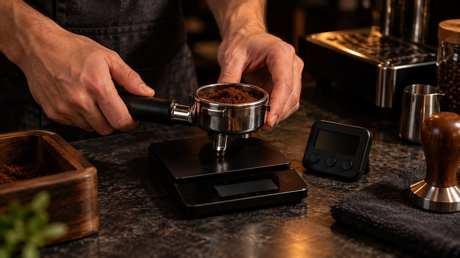 Barista hands holding a portafilter with ground coffee on a scale for dialing in dose weight