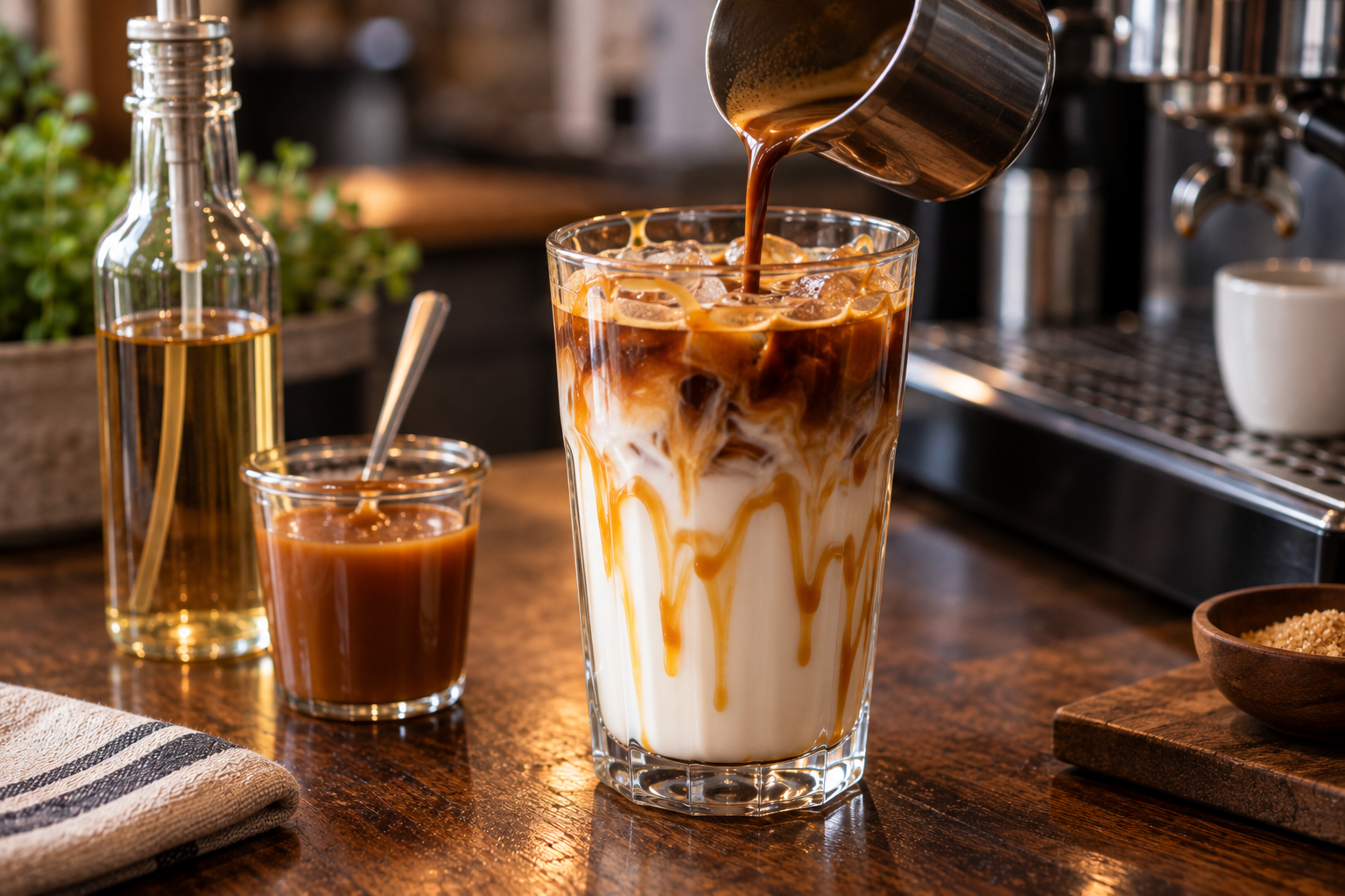 Iced caramel macchiato being built in reverse order with milk and caramel in the glass first and espresso poured on top, showing why Starbucks macchiatos drink like a latte
