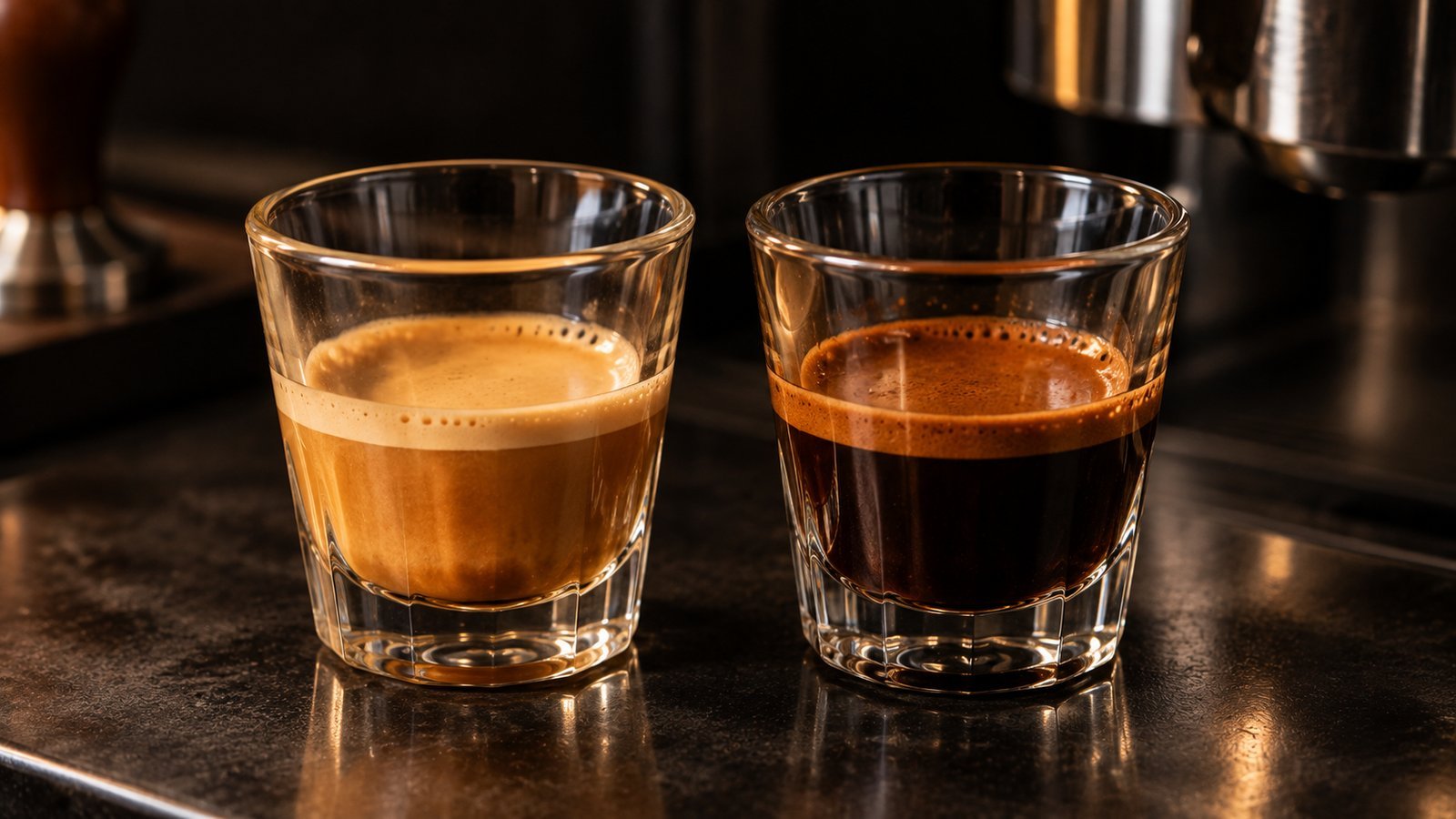 Two espresso shots side by side showing a light, sour under-extracted pull next to a dark, bitter over-extracted pull for troubleshooting comparison