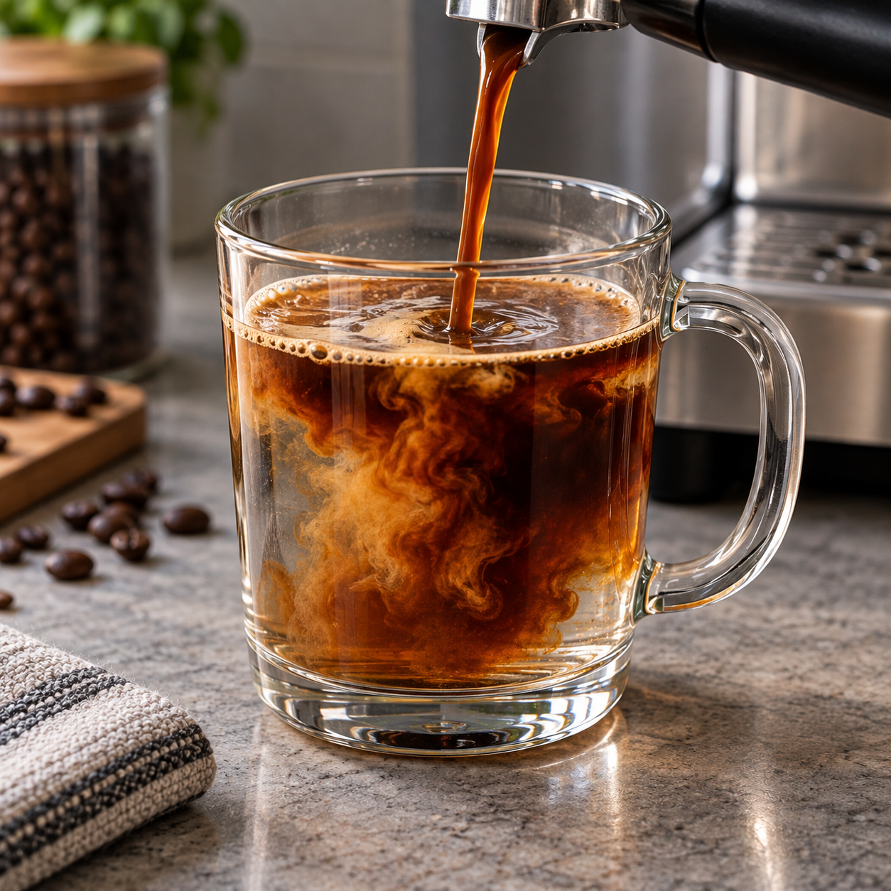 Espresso being diluted with hot water to make an americano, shown mid pour with no milk or foam