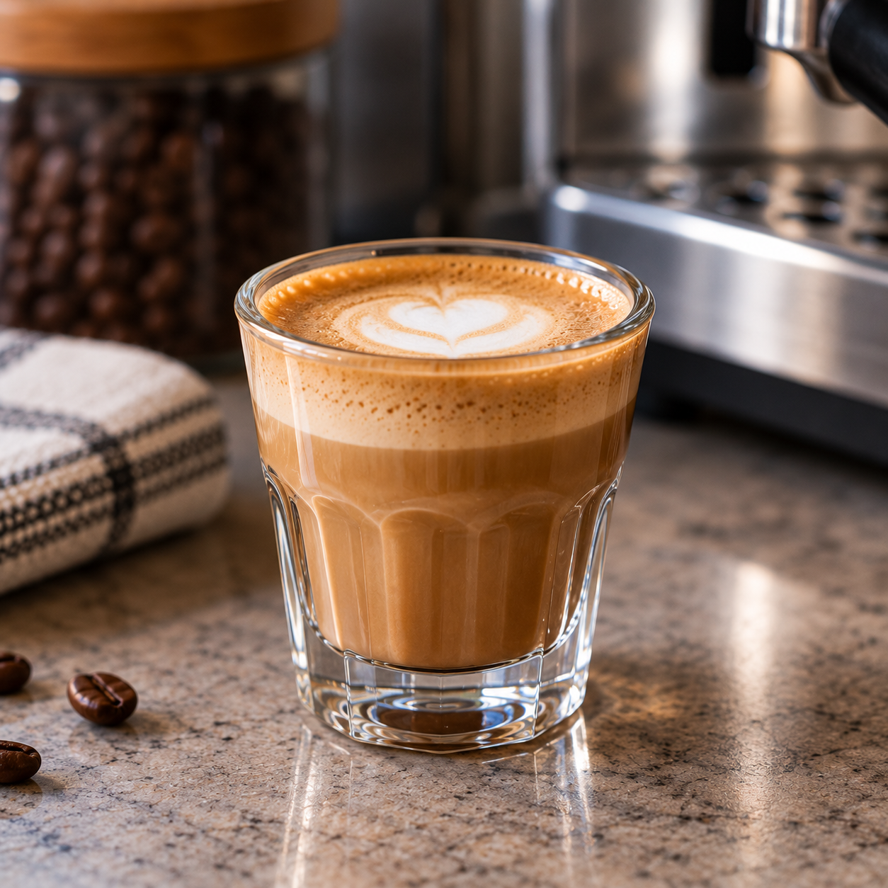 Close-up of a cortado in a small glass, showing the thin foam layer and concentrated color compared to a latte
