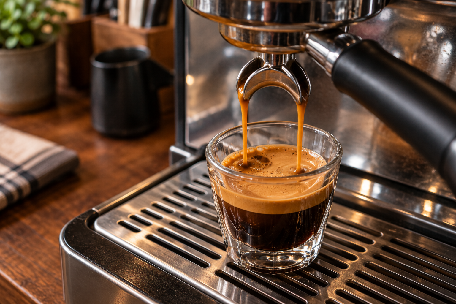 Espresso shot pulling into a glass cup with crema, the identical base used for both a cappuccino and a latte