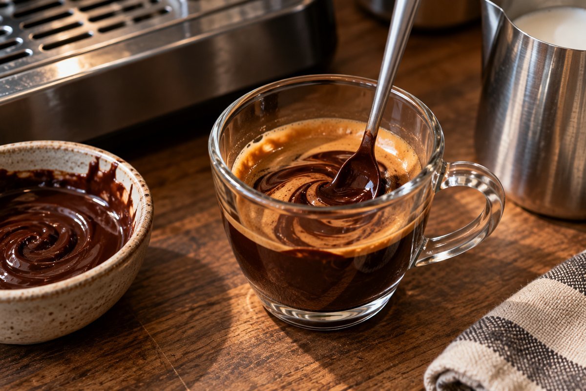 Mocha vs latte: chocolate ganache stirred into a fresh espresso shot before the milk goes in