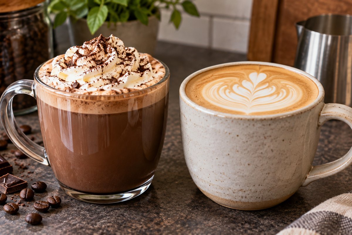 Mocha vs latte: finished mocha with whipped cream and chocolate next to a latte with latte art