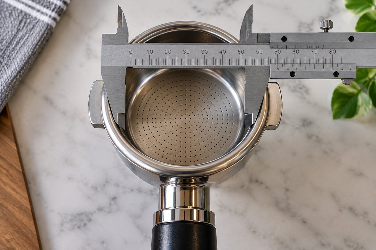 Measuring a portafilter basket with calipers as part of a portafilter size guide