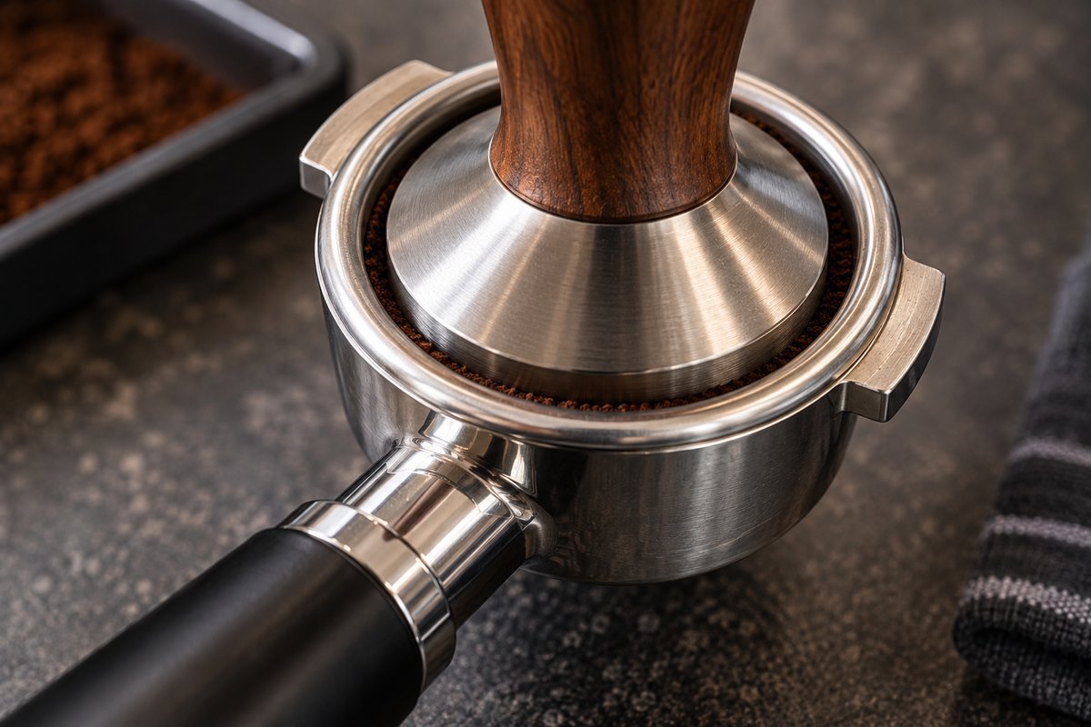 Tamper fitted into a portafilter basket showing the clearance a portafilter size guide recommends