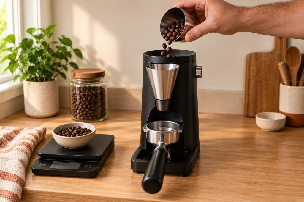 Pouring measured beans into a single dose grinder next to a jar of beans