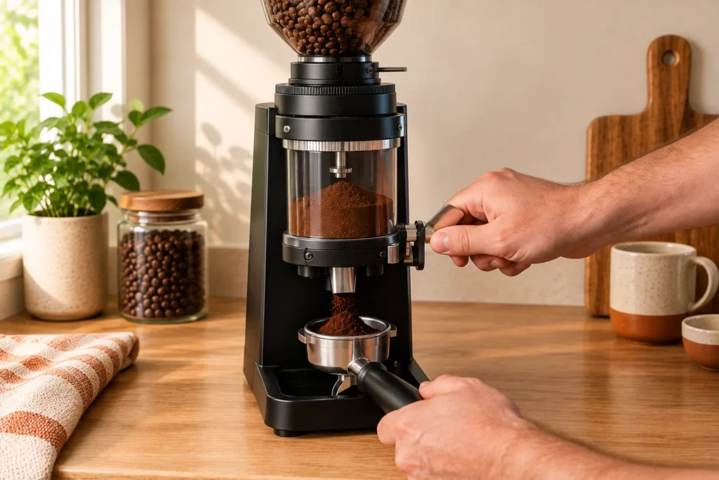 Pulling the doser lever on a dosing espresso grinder to release ground coffee into a portafilter