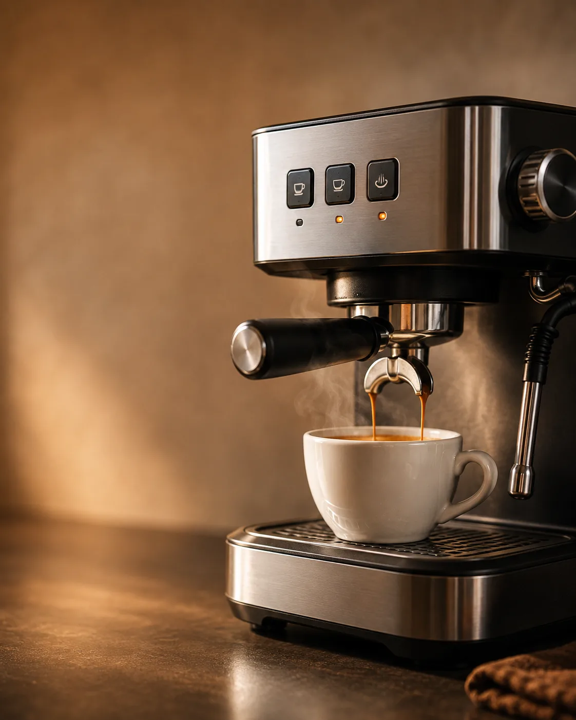 Espresso shot pulling into a cup, illustrating how much caffeine is in a shot of espresso