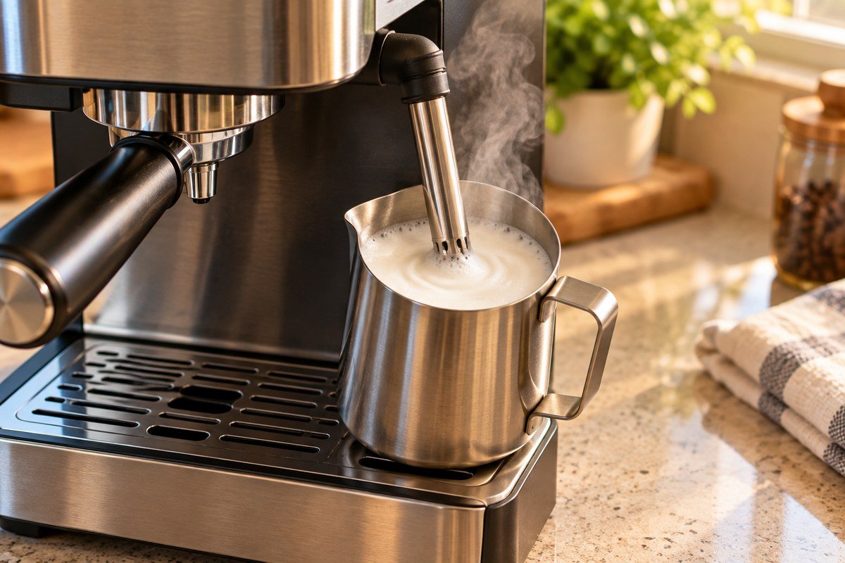Milk pitcher automatically texturing under a multi-hole steam wand with no hand present, representing the Bambino Plus automatic milk texturing