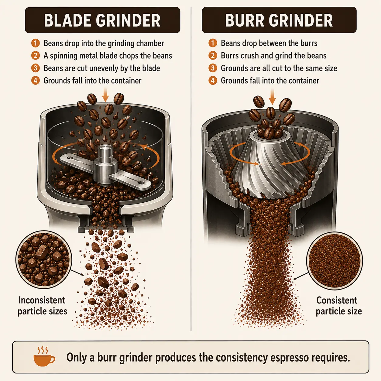Diagram comparing blade grinder chaotic particle output to burr grinder consistent output, the difference a best entry level espresso grinder gets right