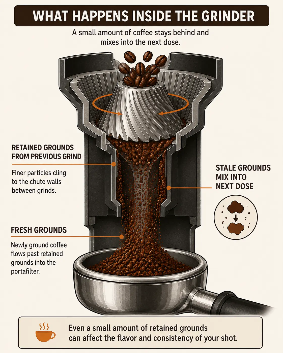 Diagram showing coffee grounds retained inside a grinder's chute mixing with a fresh dose