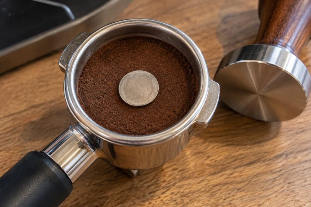 Coin resting on tamped espresso coffee in a portafilter basket to check headspace