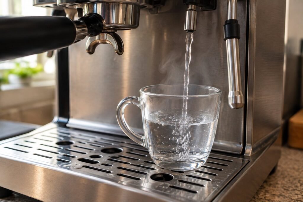 Hot water running from an espresso machine's hot water outlet into a small cup