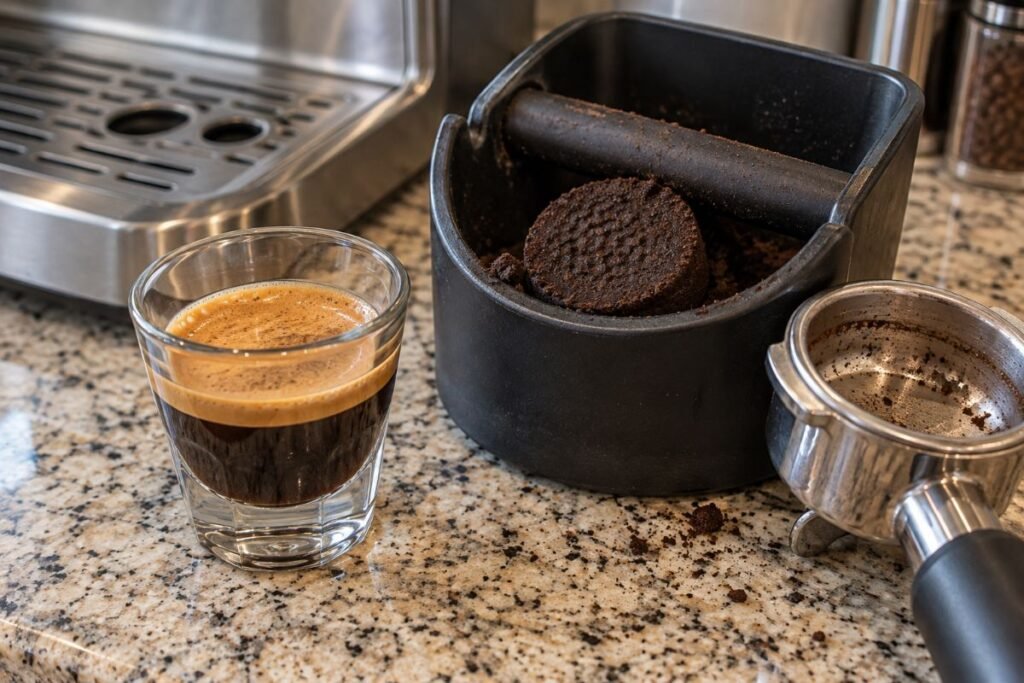 Espresso shot in a small glass next to a spent damp puck knocked out into a knock box