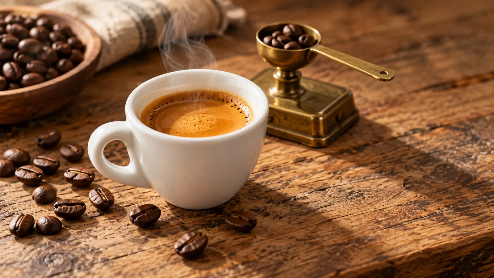 Whole coffee beans in a wooden bowl next to an espresso shot, illustrating the espresso beans vs coffee beans question: the beans themselves are the same product