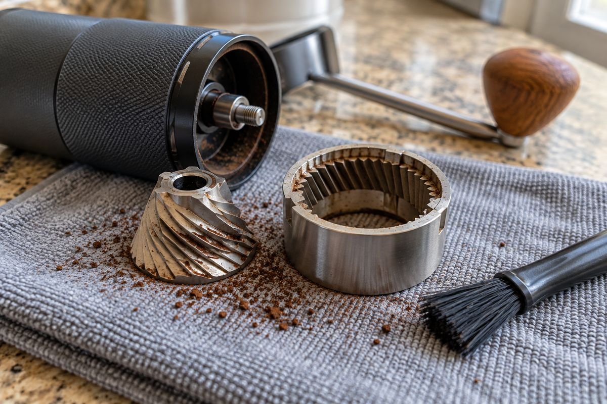 Grinder taken apart for cleaning, with the burr set resting on a cloth next to a brush