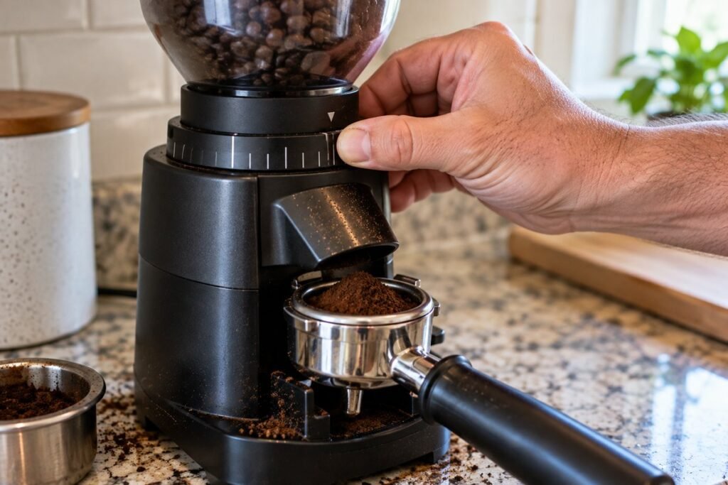 Hand turning a burr grinder adjustment collar to grind finer and fix sour espresso