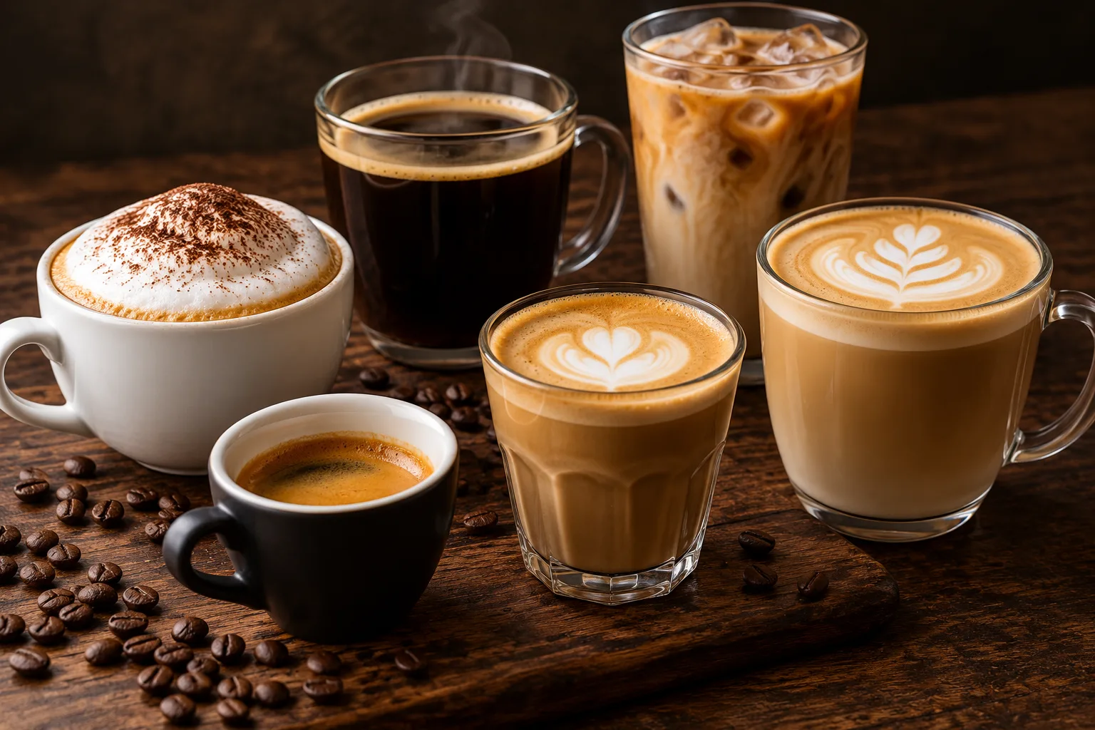 Six espresso-based drinks side by side on a wood table with coffee beans scattered around, showing cappuccino, black coffee, iced latte, espresso, cortado, and latte with latte art