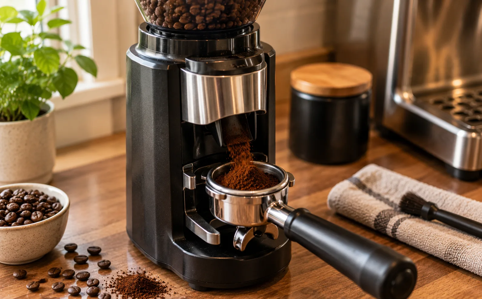 A compact electric burr grinder dosing fresh grounds into a portafilter basket with whole beans scattered nearby