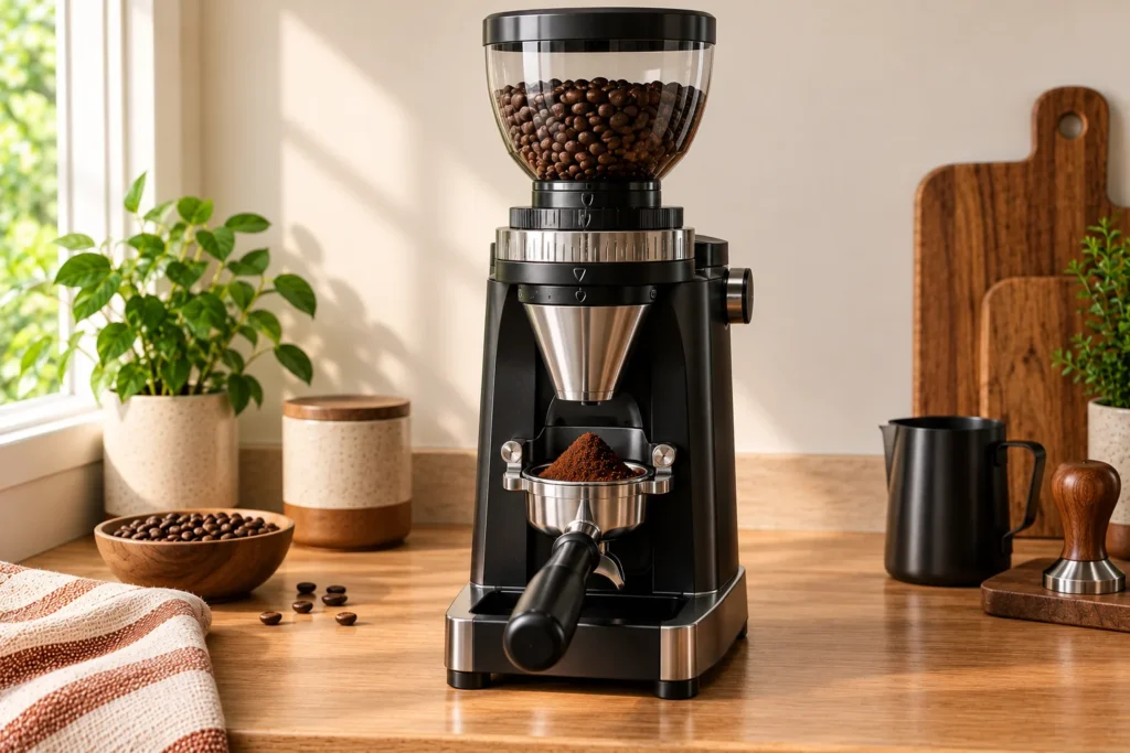 Premium prosumer flat burr espresso grinder with a portafilter of fresh grounds