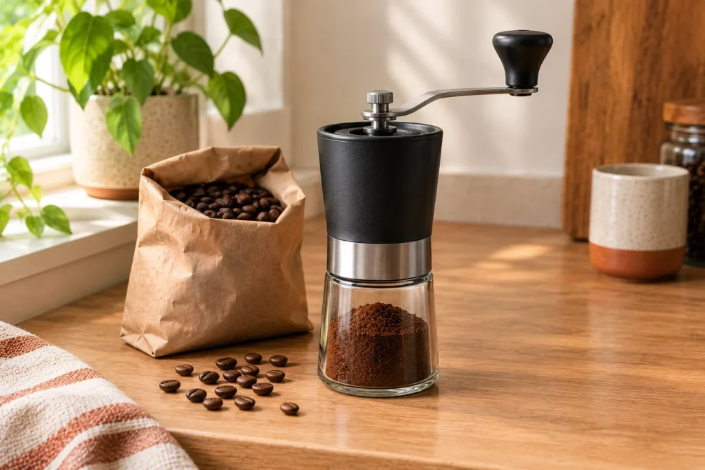 Compact manual conical burr coffee grinder, the conical side of the conical vs flat burr grinder comparison, an affordable entry-level pick