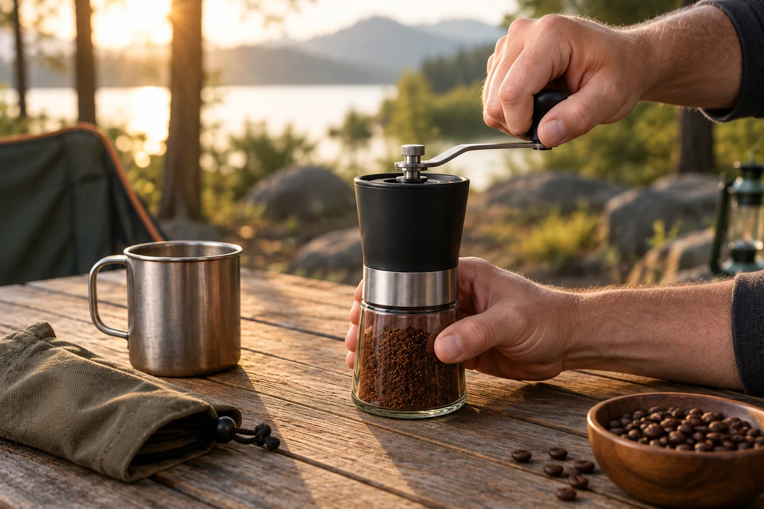 Hand cranking a manual coffee grinder outdoors at a campsite, one side of the manual vs electric coffee grinder tradeoff, illustrating portability