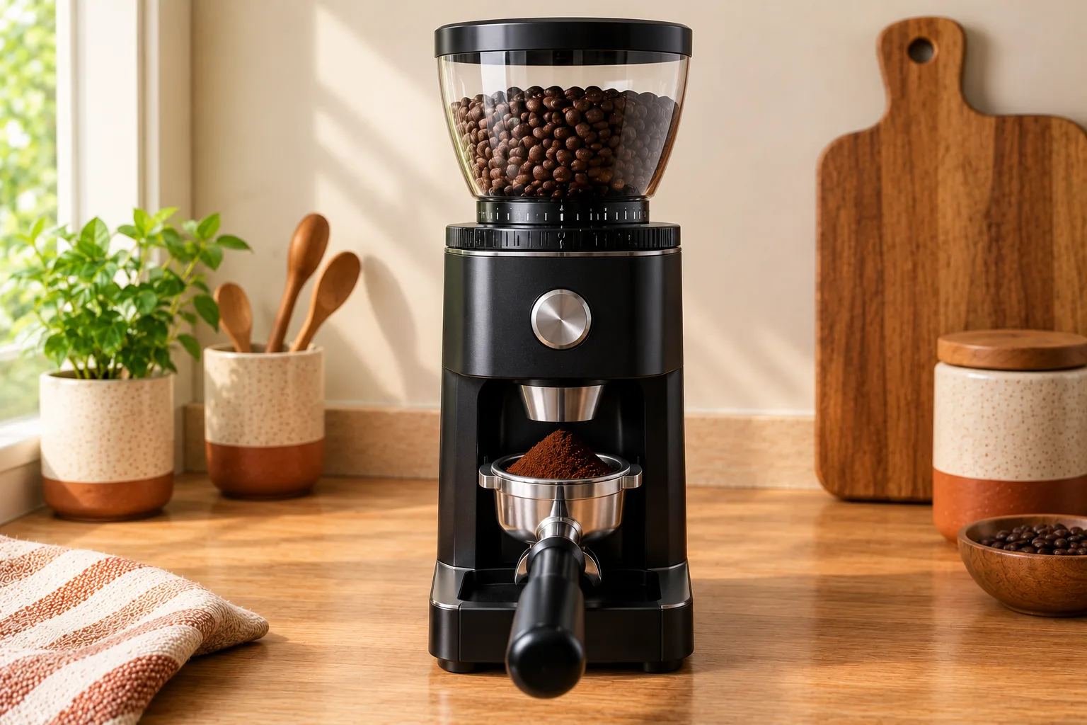 Electric burr grinder with a portafilter of freshly ground coffee, ready to tamp
